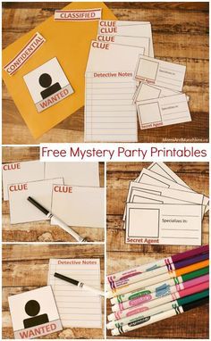 free mystery party printables for kids to use with their writing and drawing skills