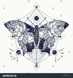 a butterfly with flowers on it's wings in the shape of a flower and geometric shapes