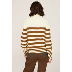 Off-white stripe knit (70% Acrylic, 30% Wool). Sweater. Long sleeves. Turtleneck. Pull on. 22.5" from shoulder to hemline. Imported. Winter Knit Tops With Striped Cuffs, Knit Tops With Striped Cuffs For Winter, White Striped Hem Sweater For Winter, Striped Knit Sweater For Work, White Striped Hem Sweater For Fall, Knit Sweater With Contrast Stripes, Winter Knit Tops With Striped Hem, Winter Knit Top With Striped Hem, Striped Sweater For Workwear In Fall