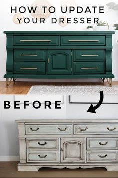 an old dresser is painted green and white with gold hardware on it, before and after