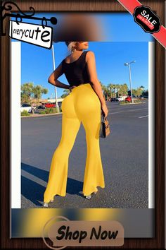 Yellow Solid Bodycon Flare Pants Fitted Solid Color Trousers, High-waisted Elastane Wide Leg Pants For Summer, Fitted Elastane Dress Pants For Summer, Spring High-waisted High Stretch Pants, Solid Flare Bottoms For Summer, Flared Solid Bottoms For Summer, Summer Solid Color Flare Bottoms, Flare Bottoms In Solid Color For Summer, Spring High-stretch Trousers