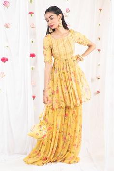 Shop for Esha Koul Yellow Georgette Floral Print Kurta Sharara Set for Women Online at Aza Fashions Navratri Georgette Sets With Printed Motifs, Designer Fitted Sharara With Printed Motifs, Fitted Sharara With Printed Motifs In Georgette, Fitted Georgette Sharara With Printed Motifs, Yellow Georgette Sets With Printed Motifs, Fitted Georgette Sets With Printed Motifs, Festive Fitted Sharara With Printed Motifs, Reception Georgette Sets With Printed Motifs, Fitted Lehenga With Straight Kurta And Printed Motifs