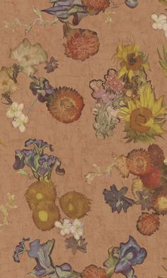 an old wallpaper with flowers and leaves on the side, in shades of brown