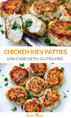 chicken kev patties on a white plate with parsley garnish and the words low carb keto gluten - free