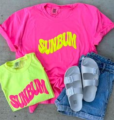 Limited Edition Sunbum Puff Tees – Vitamin Sea Boutique LLC Casual Neon T-shirt With Screen Print, Neon Summer T-shirt With Graphic Print, Neon Graphic Print T-shirt For Summer, Neon T-shirt With Graphic Print For Summer, Neon Graphic Print Top For Summer, Neon Tops With Graphic Print For Summer, Trendy Neon Crew Neck Top, Casual Neon Cotton T-shirt, Casual Neon Graphic Print T-shirt