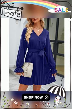 Blue V Neck Long Sleeve Pleated Mini Dress with Belt Blue Pleated Mini Dress For Work, Blue Pleated Mini Dress For Date Night, Elegant Blue Belted Mini Dress, V-neck Long Sleeve Pleated Dress For Spring, Fitted V-neck Mini Dress With Pleated Sleeves, Spring V-neck Mini Dress With Pleated Hem, Blue V-neck Pleated Mini Dress, Blue Pleated V-neck Mini Dress, Denim Blue V-neck Mini Dress