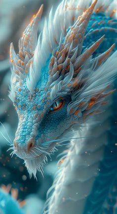 a blue and white dragon with orange eyes