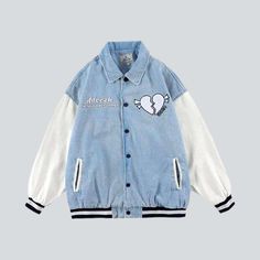 Elevate your edgy mode to the next level with our 2023 Spring-Summer Collection Broken Heart Embroidery Denim Jacket. This timelessly stylish piece features a classic bomber cut with beautiful embroidery and a buttoned front closure. Step out in confidence and make a bold statement no matter the occasion.Distinctive Features: Street Style: Look sharp and make a statement with this urban-style inspired piece. Bomber Silhouette: Take advantage of this timelessly fashionable style. perfect for any Casual Cotton Varsity Jacket With Embroidered Graphics, Trendy Cotton Outerwear With Letter Embroidery, Casual Varsity Jacket With Letter Embroidery For Spring, Spring Cotton Varsity Jacket With Embroidered Graphics, Spring Embroidered Cotton Varsity Jacket, Casual Spring Varsity Jacket With Patches, Casual Varsity Jacket With Patches For Spring, Spring Varsity Jacket With Letter Embroidery For Streetwear, Trendy Embroidered Varsity Jacket For College