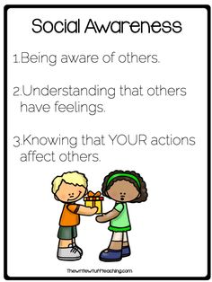 a poster with the words social awareness being aware of others and an image of two children exchanging