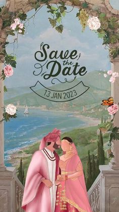 an illustration of two people dressed in pink and gold standing under a floral arch with the words save the date written on it