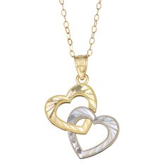 "Featuring a pair of interlocking hearts, this two-tone 10k gold necklace is a sweet accent to your ensembles. Featuring a pair of interlocking hearts, this two-tone 10k gold necklace is a sweet accent to your ensembles. Chain length: 18 in. Chain type: cable Metal: 10k gold Plating: rhodium Finish: polished Packaging: boxed Please note, due to the high value of this item, a signature may be required upon delivery. Size: 18"". Color: Multicolor. Gender: female. Age Group: adult." Double Heart Diamond Cut Necklace, Double Heart 14k Stamped Necklaces For Anniversary, 14k Double Heart Necklace For Anniversary, Double Heart 14k Stamped Necklace For Anniversary, Double Heart 14k Stamped Anniversary Necklace, 14k Stamped Double Heart Necklace For Anniversary, 10k Gold Chain, Modern Gold Jewelry, Interlocking Hearts