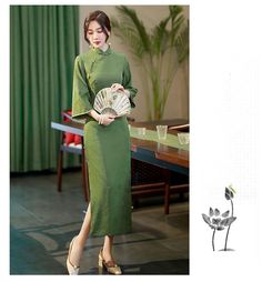 Vintage Cheongsam Dress Green/Blue 5 Long Cheongsam For Tea Ceremony, Green Elegant Cheongsam With Stand Collar, Elegant Green Cheongsam With Stand Collar, Long Dresses For Tea Ceremony, Spring Cheongsam With Stand Collar For Tea Ceremony, Spring Elegant Cheongsam With Stand Collar, Elegant Spring Cheongsam With Stand Collar, Spring Cheongsam For Tea Ceremony With Stand Collar, Elegant Green Dress With Stand Collar