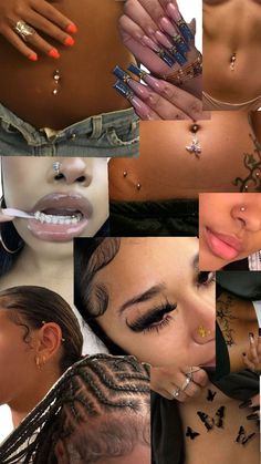 many different pictures of women with tattoos and piercings on their chest, including one woman's stomach