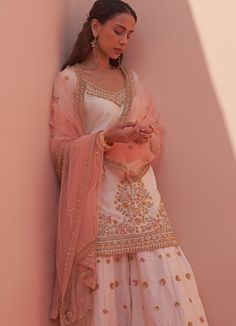 Ivory Raw Silk Flared Sharara Set Angad Singh - Fabilicious Fashion Peach Dupatta, Silk Sharara, Kurta And Sharara, Leaf Sleeve, Eid Fashion, Embroidered Sharara, Pink Dupatta, Kurta Sharara Set, Kurta Sharara