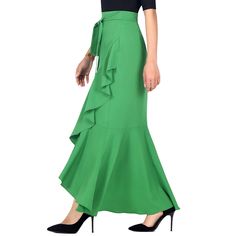 Green Tie Waist Ruffle Hem Mermaid Skirt Elegant Fishtail Summer Skirt, Green Bottoms With Ruffle Hem, Green Skirted Bottoms With Ruffle Hem, Chic Green Bottoms With Ruffle Hem, Green Ruffled Maxi Skirt For Party, Fitted Green Skirt With Ruffle Hem, Chic Green Skirt With Ruffle Hem, Elegant Green Ruffled Bottoms, Green High-waist Ruffled Bottoms