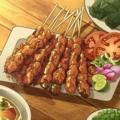 there are many different types of food on the table with chopsticks in front of them