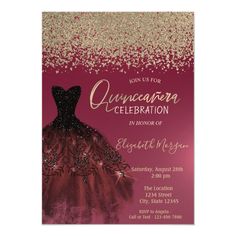 an elegant red and gold quinceaue celebration card with glitter on the bottom