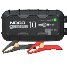 the noco genius 10 battery charger is open and ready to be used with two pliers