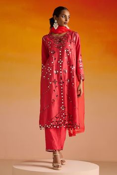 Red kurta with mirror and beads work hand embroidery. Paired with a matching plain pant with embroidered hemline and an embroidered dupatta. - Aza Fashions Red Salwar Kameez With Mirror Work For Celebrations, Red Embroidered Palazzo Set For Party, Embroidered Red Palazzo Set For Party, Red Bollywood Salwar Kameez With Mirror Work, Red Chanderi Sharara With Mirror Work, Red Mirror Work Salwar Kameez For Eid, Red Salwar Kameez With Mirror Work For Eid, Traditional Silk Palazzo Set With Sequins, Red Sharara With Mirror Work For Festivals