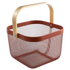 a brown basket with wooden handles on a white background, it is also used as a holder for small items