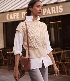 Shoulder Button Cable Sweater Vest White Knit Vest Outfits For Women, Herringbone Sweater Outfit, Button Up And Sweater Outfit, Button Sweater Vest Outfit, Sweater Vest Outfit Women Winter, Cream Sweater Vest Outfit, Sleeveless Sweater Vest Outfit, Sweater Vest Dress Outfit, Knitted Vest Outfit