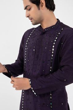 Purple kurta with mirror embroidery in geometric pattern. Paired with coordinating pant. - Aza Fashions Silk Kurta Set, Mirror Embroidery, Men's Kurta, Purple Mirror, Indian Wedding Wear, Silk Kurta, Nehru Jackets, Kurta With Pants, Luxury Linen