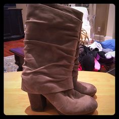 Boots - Never Worn Brown Mid-calf Boots With Stacked Heel And Round Toe, Chic Brown Mid-calf Boots, Casual Brown Mid-calf Boots With Stacked Heel, Brown Wide Calf Mid-calf Boots With Stacked Heel, Spring Brown Mid-calf Boots With Stacked Heel, Brown Round Toe Heeled Boots For Spring, Brown Suede Mid-calf Boots For Spring, Spring Brown Suede Mid-calf Boots, Casual Brown Mid-calf Boots With Almond Toe