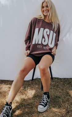 calling all mississippi state fans! we made a new corded sweatshirt just for you! our bestselling corded sweatshirt in MSU colors will be your new favorite go to sweatshirt you'll toss on for games, going to class and everything in between! HAIL STATE! 100% cotton SIZING GUIDE: small: 47" bust and 25" length medium: 50" bust and 25.5" length large: 52" bust and 27" length extra large: 56" bust and 27.5" length WE ONLY OFFER STORE CREDIT FOR RETURNS! Feel free to email us at hello@shopriffraff or Hail State, Southern Mississippi, Western Tee, Mississippi State, Gameday Outfit, Mississippi, Jumpsuit Dress, Dresses For Sale, Jumpsuit Romper