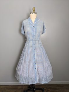 "What an incredibly stunning 1940's original handmade striped chiffon summer shear dress! In fantastic condition, with no signs of wear or tear. The pockets are unfortunately fake! Measurements: Bust: 38\" Waist: 31\" Hips: 48\" Shoulder to hem: 41 1/2\" Sleeve length: 7\" Cuff: 16\"  Belt length: 36\"" Vintage Striped Summer Dresses, Vintage Short Sleeve Striped Dress, Vintage Striped Dresses For Daywear, Vintage Clothes 1940s, Period Clothing, Grey Gardens, Period Outfit, Belt Length, Wear Or Tear