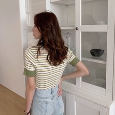 Short sleeve ribbed knit shirt with multicolored stripes. S/M: 28"-44" chest, 26"-40" waist, 17" length Knit Shirt, Stripe Sweater, One Shoulder Blouse, Ribbed Knit, Stripes, Yellow, Women's Top, Black, Color