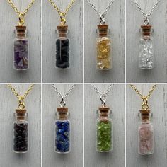 "This unique pendant is sure to catch the eye of anyone who appreciates nature and a boho style. The pendant is crafted from a 28x12mm or 35x16mm glass bottle filled with tumbled gemstone pieces. The bottle's transparency allows the natural beauty of the gemstones to be showcased, creating a lovely complement to any outfit. The pendant hangs from your choice of a gold or silver 18\" or 24\" oval link chain, which are comfortable lengths for many people. Please see the photos for the approximate Healing Natural Stones Round Pendant Charm Necklace, Clear Glass Jewelry For Healing, Clear Glass Healing Jewelry, Bohemian Clear Jewelry As A Gift, Bohemian Birthstone Charm Necklace As A Gift, Bohemian Birthstone Charm Necklace As Gift, Bohemian Birthstone Charm Necklace For Gifts, Bohemian Birthstone Crystal Necklace For Healing, Clear Mineral Crystal Jewelry For Gifts