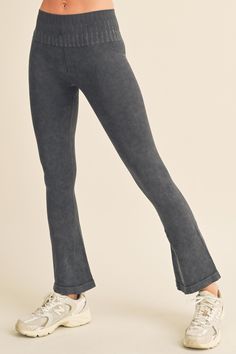 Elevate your wardrobe with these ultra-comfortable, stonewashed yoga pants! Featuring a high-waisted waistband for a sleek silhouette, you can style these versatile pants with our matching sport bra for your active adventures or keep it casual with any crop tee.• High-waisted• Ribbed detailing• Soft and comfortable• Stone-washed• Flared hem• ImportedContent: 92% Nylon, 8% Spandex Trendy Acid Wash Soft-washed Bottoms, High Rise Stretch Bottoms In Washed Black, Athleisure Washed Loungewear Bottoms, Washed Athleisure Bottoms For Loungewear, Mid-rise Stretch Washed Black Bottoms, High Waist Stretch Washed Pants, Stretch Mid-rise Washed Bottoms, Comfortable Yoga Pants With Ribbed Waistband, High Waist Stretch Washed Bottoms