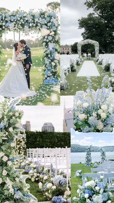 a collage of wedding photos with blue and white flowers on the aisle, ceremony decor