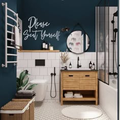 a bathroom with blue walls and white tiles