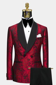 Modern, abstract, and refined. This Geisha print blood red tuxedo is handcrafted from high-quality lightweight material. The fabric is soft and comfortable, as well as stain-resistant. The single-breasted slim fit cut of the suit jacket emphasizes your waistline, giving you a trimmer silhouette. The abstract Geisha embroidery is artistic, and the deep burgundy color accentuates its visual appeal. The tux jacket is half-canvassed for great versatility and superior shape for your body. In addition Red Black And Gold Wedding Groomsmen Bridesmaid Dresses, Black And Red Groom Attire, Red And Black Wedding Dress The Bride, Red And Black Tuxedo Wedding, Red Festive Semi-formal Blazer, Luxury Red Formal Sets, Red Fitted Elegant Suit, Elegant Fitted Red Suit, Elegant Fitted Burgundy Tuxedo