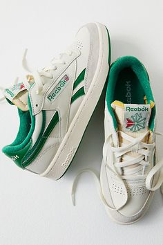 A classic court style infused with retro flair, complete with leather uppers, terry lining, and faded rubber outsoles. **Features:** Low-top style, leather uppers, perforated toe box, removable EVA foam sockliner die-cut EVA midsole, durable rubber outsole, lace-up closure, logo details, terry lining **Why We | Reebok Club C 85 Vintage Sneakers at Free People in Green, Size: US 7.5 Reebok Club C 85 Vintage, Club C 85 Vintage, 2024 Wardrobe, Reebok Club C 85, Cool Shoes, Club C 85, Vintage Sneakers