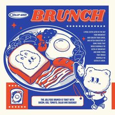 an advertisement for brunch with cartoon characters on the plate and in the background