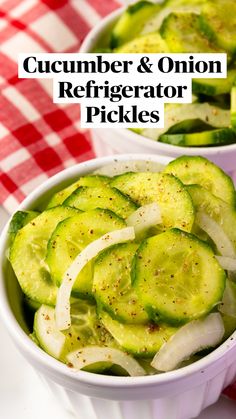 two white bowls filled with cucumbers on top of a red and white checkered table cloth