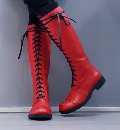 Alternative Leather Boots For Cosplay, Edgy Red Platform Boots With Round Toe, Red Punk Platform Boots With Round Toe, Leather Boots With Rivets For Cosplay, Edgy Red Leather Boots, Red Lace-up Leather Moto Boots, Red Leather Lace-up Moto Boots, Red High Boots, Steampunk Boots Women