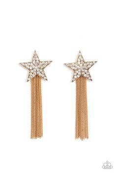 pair of gold and crystal star earrings with tasselled fringes on white background