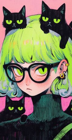 a drawing of a girl with green hair and black cats on her head, wearing glasses