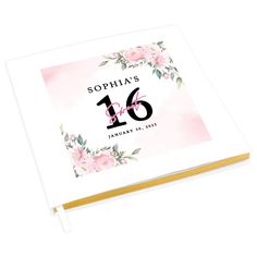 the personalized wedding album is shown with pink flowers