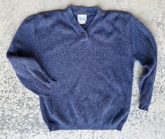 "Grandpa sweater, vintage Mens, 70s 80s hipster, unisex clothing, sz M, textured Pullover, USA Made, cottage essentials, blue black, academia cottage essentials size M 75% Cotton 25% Acrylic Pit to pit: 26\" Sleeve length: 24\" Length: 28\" Interested in more vintage and handmade items? etsy.com/shop/canzaliaprons" Hot Grandpa Sweaters, Vintage Winter Sweater With Ribbed Cuffs, Vintage Sweater With Ribbed Collar For Fall, Vintage Long Sleeve Polo Sweater With Ribbed Collar, Vintage Textured Knit Sweater, Vintage Long Sleeve Relaxed Fit Sweater, Vintage Polo Sweater With Ribbed Collar, Vintage Cotton Sweater With Ribbed Collar, Vintage Winter Sweater With Ribbed Collar