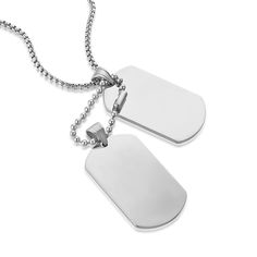 two dog tags are attached to a chain