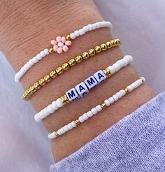 White Mama Bracelet / Rainbow Beaded Bracelet / Summer Bracelet Stack / Rainbow Summer Bracelets / Mama Bracelet Stack / Seed Bead Bracelets - Etsy Summer Gift Friendship Bracelets With Spacer Beads, Summer Gold Beaded Bracelets With Letter Beads, Summer Gold Bracelets With Letter Beads, Gold Bracelet With Letter Beads For Summer, Summer Gold Bracelet With Letter Beads, Trendy White Stretch Bracelet For Mother's Day, White Letter Beads Bracelets For Beach, White Bracelets For Jewelry Making And Mother's Day, White Bracelets For Mother's Day Jewelry Making