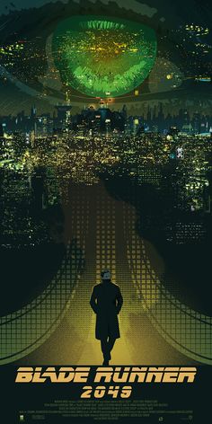 the poster for blade runner 2013 is shown in front of a cityscape at night