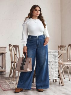 Plus Size Women Loose Pockets Wide Leg Casual Denim Jeans Medium Wash    Denim Plain Straight Leg Non-Stretch  Women Plus Clothing, size features are:Bust: ,Length: ,Sleeve Length: Wide Leg Jeans Winter, Casual Denim Jeans, Jeans Plus Size, Jean Trends, Jeans Casual, Plus Size Jeans, Inspired Dress, Wide Leg Denim, Inspiration Mode