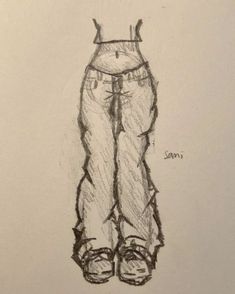 a pencil drawing of a pair of jeans with shoes on the bottom and one leg up