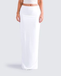 A white maxi skirt is a staple that everyone needs 🙌 With a simple and sleek design, this look is perfect for dressing up or down for any occasion. Made from a slinky jersey fabric, and complete with a mid-rise fit and ruching details 🤍 Maxi White Skirt, Fitted Maxi Skirt, Jersey Maxi Skirt, White Maxi Skirt, White Maxi Skirts, Everyday Clothing, Dressing Up, White Jersey, White Maxi