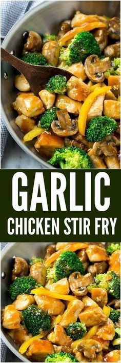 garlic chicken stir fry in a pan with broccoli and peppers